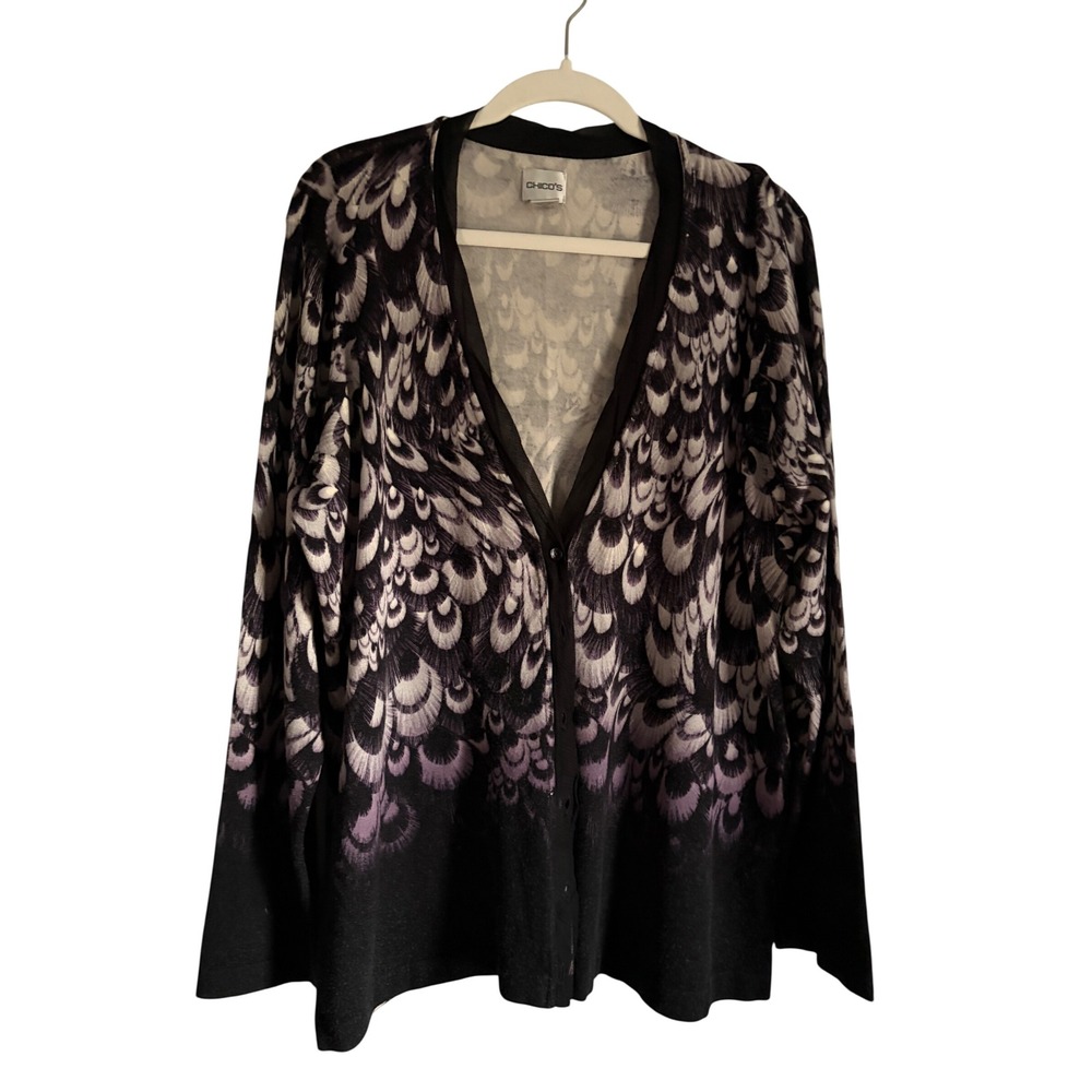 Chicos Feather Print Cardigan Sweater Purple Black White V-Neck Size 2 Large - Picture 1 of 3